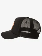 Gorro trucker Quiksilver color negro con red trasera y parche frontal con diseño de ola en tonos degradados.