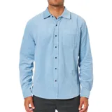 Camisa celeste de pana con botones marrones, de manga larga y corte clásico.