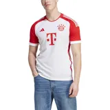Camiseta de fútbol Adidas del FC Bayern Munich, modelo titular 23/24. Diseño blanco con mangas y detalles en rojo. Incluye logo de Adidas, escudo del club y sponsor T-Mobile en el frente.