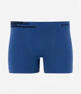 Calzoncillo bóxer de microfibra color azul, con cintura elástica negra con tres rayas horizontales y el logo de Lupo.