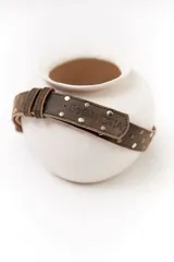 Cinto marrón de cuero con tachas plateadas y doradas, con hebilla metálica ajustable.