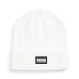 Gorro de lana blanco con logo de Puma en etiqueta rectangular negra y borde blanco.