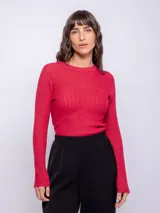 Sweater de punto rojo con cuello redondo y mangas largas. Tejido acanalado con diseño de vainillas en el dorso y mangas.