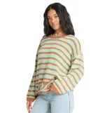 Sweater de punto Billabong Bayside con diseño de rayas horizontales en tonos marrones y celestes, cuello redondo y detalle de ondas en el borde inferior.