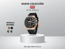 Reloj cronógrafo con caja de aleación metálica en tono oro rosa y esfera negra. Presenta indicadores de hora, subesferas funcionales y correa de caucho negra con cierre de hebilla.