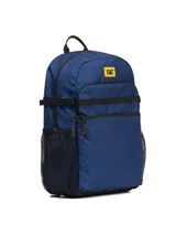 Mochila unisex color azul marino con logo de CAT en amarillo. Cuenta con bolsillo delantero con cierre, presillas frontales, compartimento acolchado para laptop de 15 pulgadas, hebillas de compresión laterales, bolsillos laterales de malla, correa ajustable para el esternón y panel trasero y correas acolchadas con malla transpirable.