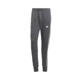 Pantalón de jogging gris con cintura elástica ajustable con cordón, bolsillos laterales y puños acanalados. Diseño con tres rayas blancas verticales a los costados y logo de Adidas bordado en blanco.