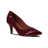 Zapato de tacón bajo Vizzano, color negro charol, con punta fina y detalle de logo dorado en el lateral.