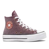 Zapatillas Converse Chuck Taylor All Star de caña alta con plataforma, color rosa con glitter y cordones blancos.