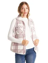 Chaleco reversible marca Weekend Routine. Un lado es de sherpa con estampado a cuadros en tonos rosados y blancos, y el otro lado es capitoneado blanco con diseño de rombos. Cuenta con cuello alto, cierre frontal con broches a presión, bolsillos frontales con solapa y jareta interna en la cintura para ajustar.