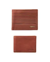 Billetera marrón de cuero sintético con diseño de líneas horizontales en relieve en la parte superior y logo de Rip Curl en la parte inferior. Cuenta con protección RFID.