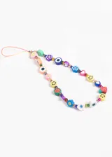 Correa para celular de plástico con cuentas de colores con forma de frutas, flores, corazones, ojos turcos y emojis.