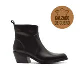 Bota texana de cuero negro con caña media, taco cuadrado y punta cuadrada.