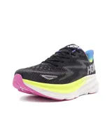Championes Hoka Clifton 9 color negro con detalles en amarillo, rosa y celeste.