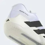 Championes de entrenamiento Adidas Adizero Dropset Pro, color blanco con grandes franjas negras laterales y suela con tecnología Lightstrike Pro.