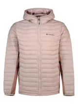Campera puffer acolchada Columbia modelo Powder Pass Hybrid, color rosado con paneles laterales elásticos en un tono más oscuro, capucha incorporada y cierre frontal completo.