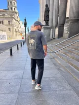 Remera gris oscura con efecto "acid wash" y estampado en la espalda de una palmera, el sol y olas, dentro de un recuadro.