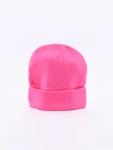 Gorro de lana tejido en punto liso, color fucsia brillante, con borde doblado.