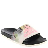 Chanclas Adidas Comfort con base negra y tira ancha estampada con flores y logo de Adidas en color rosa.