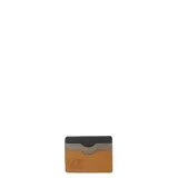 Billetera de cuero marrón camel, con detalles en azul y tres ranuras para tarjetas.