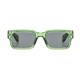 Lentes de sol rectangulares de acetato verde traslúcido con lentes grises y patillas acanaladas.