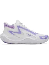 Championes de básquet Under Armour modelo Jet 25, de diseño deportivo en color blanco con detalles en lila. Presentan una parte superior de materiales mixtos para mayor durabilidad y transpirabilidad, cuello acolchado para sujeción y entresuela Micro G para una pisada reactiva.