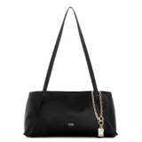 Cartera Guess modelo Devon de tipo shoulder bag, color negro con textura granulada, herrajes dorados y doble asa larga. Cuenta con un detalle colgante de cadena dorada con dije de la marca y el logo frontal impreso en tono dorado.
