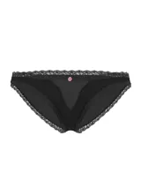 Bombacha estilo bikini de tiro medio color negro, con detalles de encaje en los bordes y aplique floral en el centro.