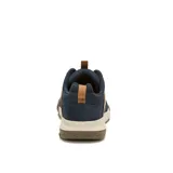 Championes Caterpillar modelo Hex Ready Low WP, color azul marino con detalles en marrón y suela en tono arena y marrón. Diseño impermeable con cordones, confeccionado en cuero de grano completo y materiales reciclados, con entresuela de EVA para mayor amortiguación.