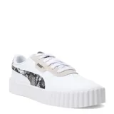 Championes Puma modelo Carina 3.0 Snake Chic, de diseño urbano inspirado en los años 80. Presentan una base blanca con detalles en estampado de piel de serpiente en el logo lateral y el talón. Cuentan con una entresuela de plataforma gruesa y tecnología SOFTFOAM+ para mayor amortiguación.