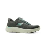 Championes deportivos Skechers Slip-ins Go Walk Flex Carla, de color gris con suela blanca y detalles en turquesa. Confeccionados con parte superior de malla deportiva y tecnología Heel Pillow.