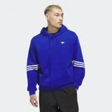 Canguro azul con capucha, logo de Adidas bordado en el pecho y tres rayas blancas en las mangas.