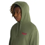 Canguro verde oliva con capucha y cordones ajustables. Estampado pequeño con el logo de Vans en color rosa en el pecho.