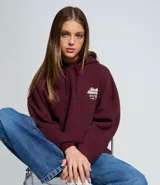 Buzo tipo hoodie color bordó, con corte oversized, capucha ajustable con cordones y bolsillo canguro delantero. Presenta un estampado gráfico pequeño en el pecho con tipografía estilo college.