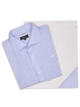 Camisa de manga larga RKF modelo Wf Pc, de color celeste con diseño de rayas verticales finas. Cuenta con cuello italiano, cierre frontal con botones y logo bordado en el pecho.