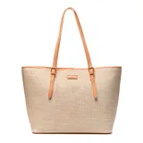 Cartera tote de diseño estructurado, confeccionada con tejido efecto rafia en color beige y detalles en cuerina tostada. Cuenta con asas largas de hombro y tiras decorativas frontales con hebillas.