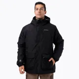 Campera técnica Merrell Ezeo 3-in-1 de color negro, diseñada para condiciones climáticas variables. Este sistema modular incluye una capa exterior impermeable con membrana 10K/10K, costuras termoselladas y tejido ripstop de poliéster reciclado, junto con una chaqueta interior insulada. Presenta capucha ajustable, ventilación axilar, codos preformados y múltiples bolsillos frontales.