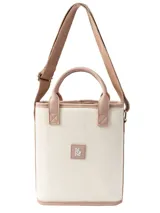 Matera modelo Cadiz con diseño a rayas en tonos beige, blanco y marrón, asas cortas de mano y correa larga ajustable para el hombro.