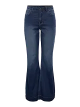Jean flare de tiro alto, color azul oscuro, con calce ajustado en la parte superior y piernas acampanadas. Cuenta con cierre de botón y cremallera, y bolsillos clásicos.