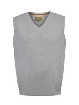 Chaleco de punto gris melange con escote en V y pequeño logo bordado en el pecho.