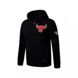 Canguro negro con capucha y cordones ajustables, con logo del equipo de baloncesto Chicago Bulls estampado en el pecho y texto "CHI BU" en la manga.