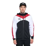Campera deportiva con capucha y cierre frontal completo. Presenta un diseño tricolor con bloques en negro, blanco y rojo, con el logo de la marca estampado en el pecho.