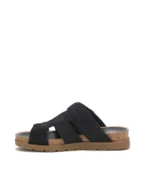 Sandalias negras de gamuza sintética con textura animal print de serpiente, capellada con tiras cruzadas, hebilla metálica de ajuste lateral y suela de goma con plataforma de corcho.