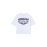 Remera oversize blanca de manga corta, con amplio estampado gráfico en tono azul oscuro en la espalda.