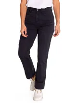Pantalón de estilo utilitario en color negro lavado, con diseño de doble panel en la parte delantera, cierre con cremallera y botón, y cinco bolsillos funcionales.