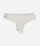 Kit de dos bombachas tipo bikini con cintura de encaje. Una prenda presenta un estampado floral delicado sobre fondo blanco, mientras que la otra es de color gris liso. Ambas cuentan con forro interno de algodón.