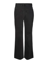 Jean de mezclilla color negro, de corte wide leg y tiro alto, con bolsillos traseros clásicos.