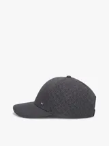 Gorra de béisbol gris oscuro de seis paneles con diseño integral de logos en jacquard, ojales de ventilación y visera curvada.