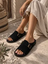 Sandalia de gamuza negra con tira ancha ajustable mediante hebilla metálica dorada y suela plana.
