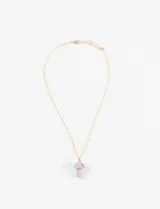 Collar con cadena dorada y dije de hongo de piedra amatista.